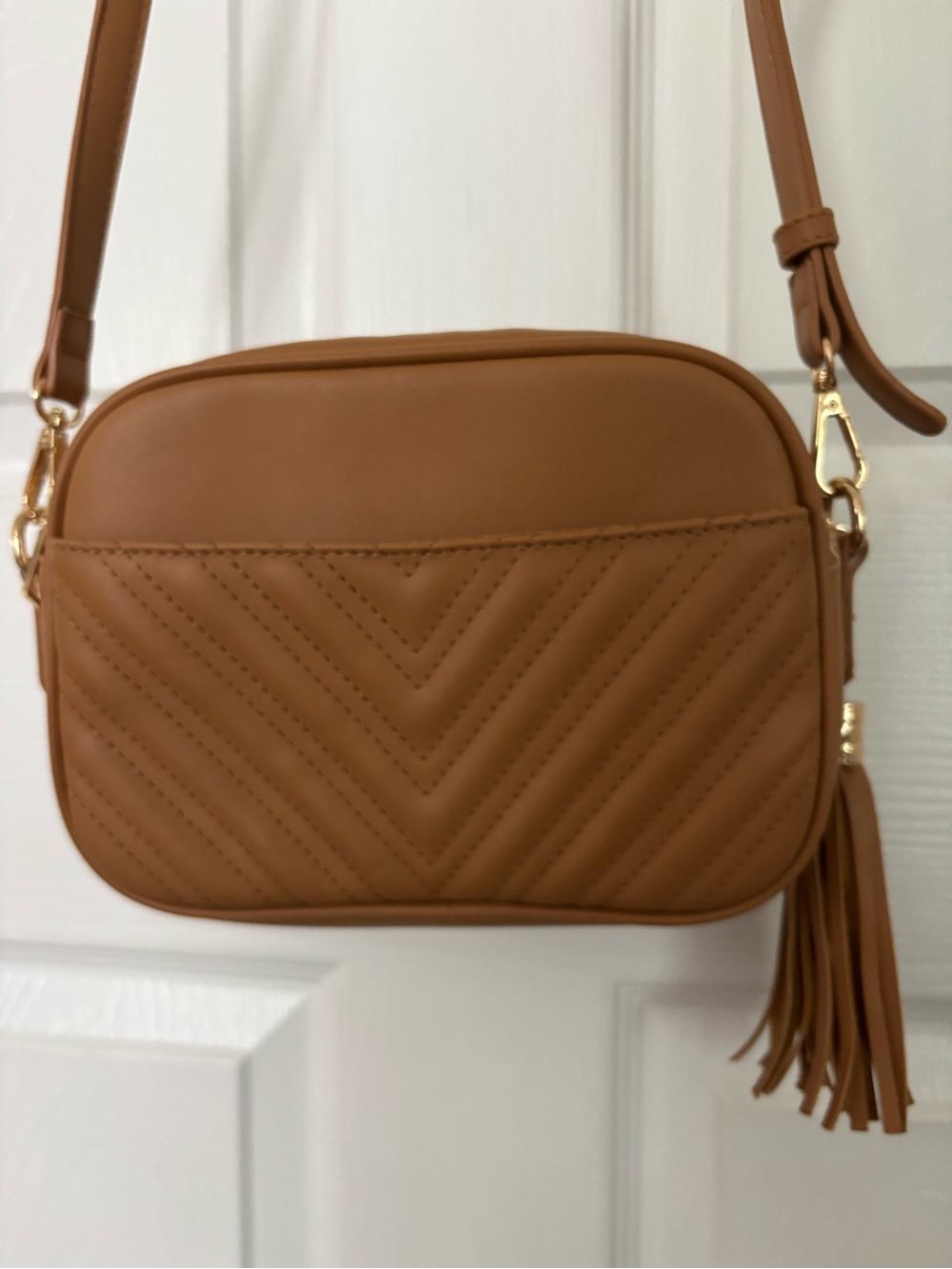 Tan Quilted Crossbody Handbag Bag with Tassel